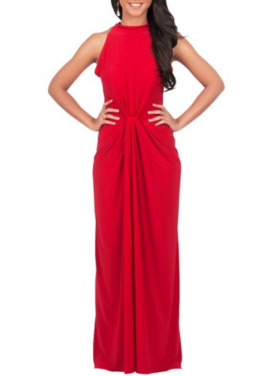 Women's Solid Halter Sleeveless Knot front Maxi Dress lonhooker.com