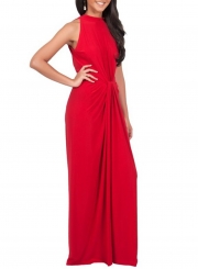 Women's Solid Halter Sleeveless Knot front Maxi Dress