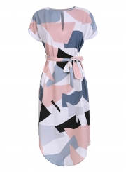 Women's V Neck Short Sleeve Square Print Midi Dress