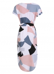 Women's V Neck Short Sleeve Square Print Midi Dress