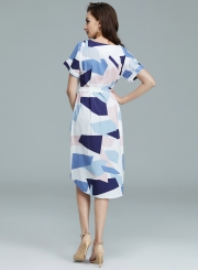 Women's V Neck Short Sleeve Square Print Midi Dress