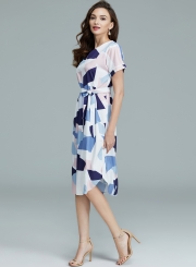 Women's V Neck Short Sleeve Square Print Midi Dress