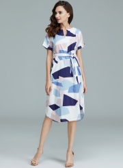 Women's V Neck Short Sleeve Square Print Midi Dress