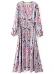 Women's Bohemian V Neck Long Sleeve High Slit Beach Floral Dress