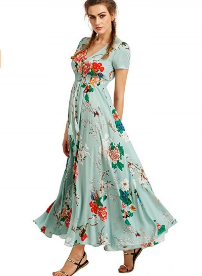 Women's Boho V Neck High Waist Slit Floral Maxi Dress zecalaba.com