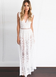 Women's V Neck High Waist Lace Maxi Dress