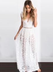 Women's V Neck High Waist Lace Maxi Dress