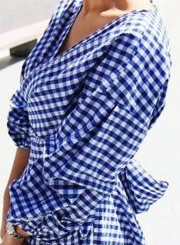 Women's Casual V Neck Lantern Sleeve Plaid Miid Irregular Dress