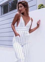 Women's Stripe V Neck Sleeveless Backless Cropped Jumpsuit