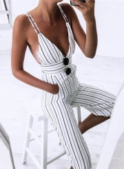 Women's Stripe V Neck Sleeveless Backless Cropped Jumpsuit