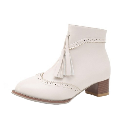 Women's Vintage Solid Block Heels Boots with Tassel YOYOTSHOP.com