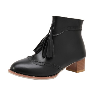 Women's Vintage Solid Block Heels Boots with Tassel lonhooker.com