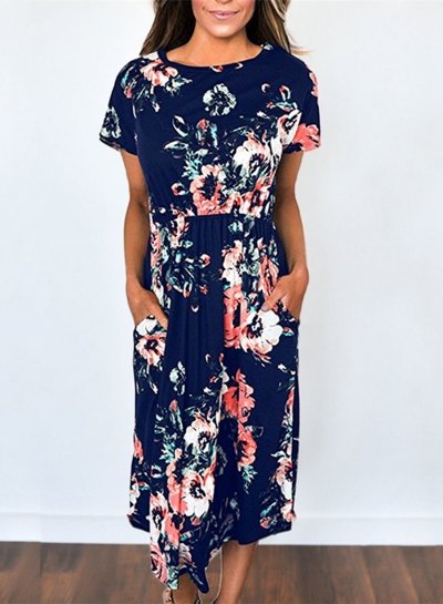 Women's Short Sleeve Floral Midi Dress YOYOTSHOP.com