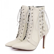 Women's Solid Pointed Toe Lace up Stiletto Heels Boots