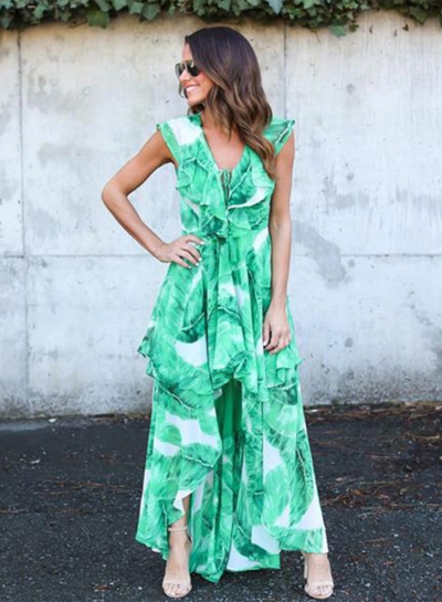 Women's Sleeveless Ruffle Green Leaf Irregular Maxi Dress zecalaba.com