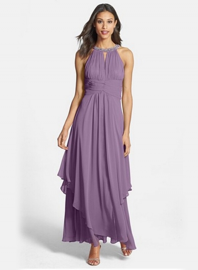 Women's Elegant Halter Sleeveless Maxi Chiffon Pleated Dress zecalaba.com