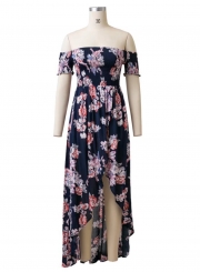 Women's Short Sleeve Floral Print Elastic Waist Chiffon Dress