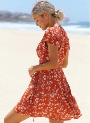 Women's Floral Print V Neck High Waist Chiffon A-line Dress