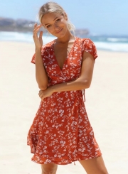 Women's Floral Print V Neck High Waist Chiffon A-line Dress