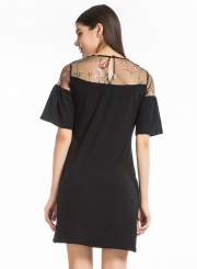 Women's Floral Embroidery Flare Sleeve A-line Mesh Dress