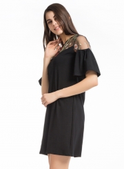 Women's Floral Embroidery Flare Sleeve A-line Mesh Dress