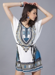 Women's Casual Batwing Sleeve Tribal Print Mini Dress with Belt