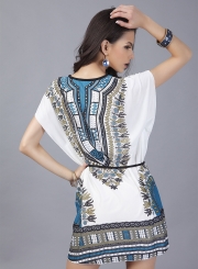 Women's Casual Batwing Sleeve Tribal Print Mini Dress with Belt