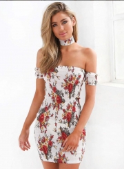 Women's Fashion off Shoulder Short Sleeve Floral Bodycon Mini Club Dress