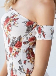 Women's Fashion off Shoulder Short Sleeve Floral Bodycon Mini Club Dress