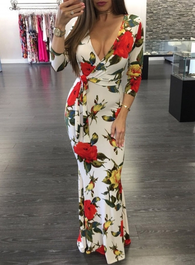 Women's Fashion Floral Deep V Long Sleeve Maxi Boho Dress