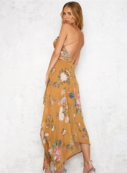 Women's Spaghetti Strap V Neck Floral Print High Slit Maxi Dress