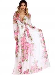 Women's Fashion Floral V Neck Long Sleeve Tie Waist Maxi Dress