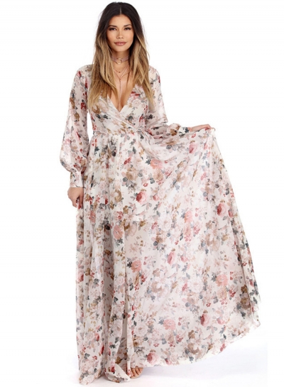 Women's Boho V Neck Long Sleeve High Waist Maxi Floral Dress lonhooker.com