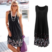 Women's Fashion Sleeveless Floral Printed Loose Pleated Dress