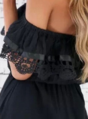 Women's Fashion Solid Lace off Shoulder Ruffle Mini Dress