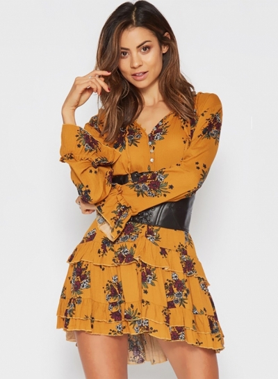 Women'sFashion  Floral V Neck Long Sleeve Ruffle Mini Dress