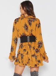 Women'sFashion  Floral V Neck Long Sleeve Ruffle Mini Dress