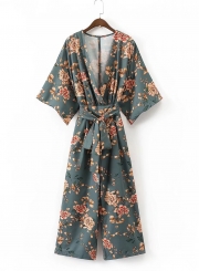 Women's Japan Style V Neck Print Jumpsuit with Belt