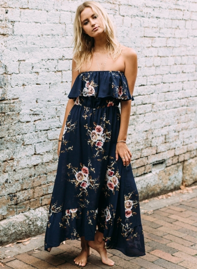 Women's Floral Printed Slash Neck Off Shoulder Maxi Dresses