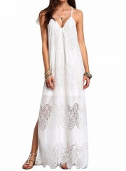 Women's Spaghetti Strap V Neck Sleeveless Lace Maxi Beach Dress