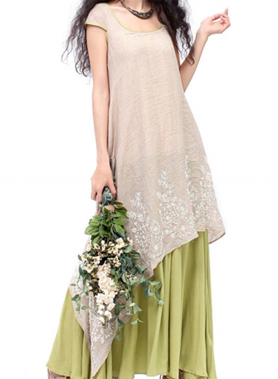 Women's Fashion Cap Sleeve Floral Embroidery Maxi Linen Dress