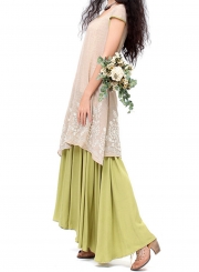 Women's Fashion Cap Sleeve Floral Embroidery Maxi Linen Dress