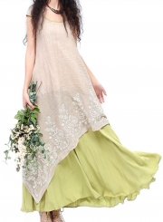 Women's Fashion Cap Sleeve Floral Embroidery Maxi Linen Dress