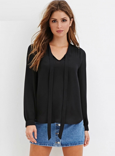 Women's Fashion Tie Collar Long Sleeve Solid Pullover Blouse YOYOTSHOP.com