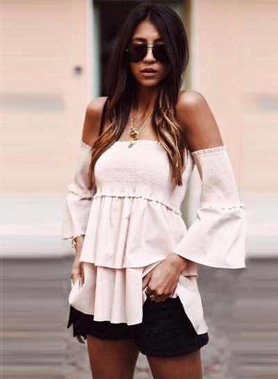 Women's Fashion Solid off Shoulder Flare Sleeve Ruffle Blouse lonhooker.com