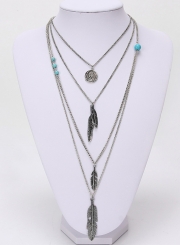 Women's Fashion Double Layer Turquoise Feather Pendant Necklace