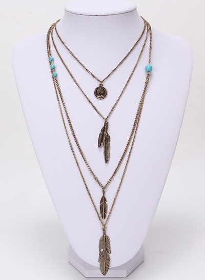 Women's Fashion Double Layer Turquoise Feather Pendant Necklace YOYOTSHOP.com