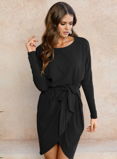 Women's Solid Long Sleeve Round Neck Slim Dress zecalaba.com