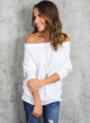 Women's Fashion off Shoulder Long Sleeve Ripped Loose Fit Tee