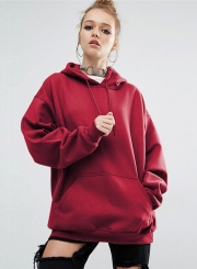 Women's Solid Loose Fit Kangaroo Pocket Pullover Hoodie